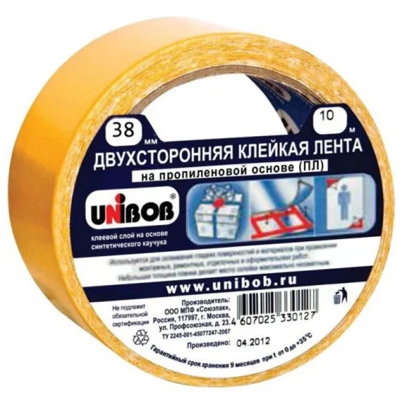 38568СП Клейкая лента двухсторонняя 38мм х 10м UNIBOB ткан(48)
