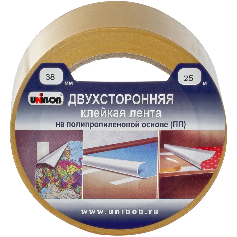 38570СП Клейкая лента двухсторонняя 38мм х 25м UNIBOB ткан(48)