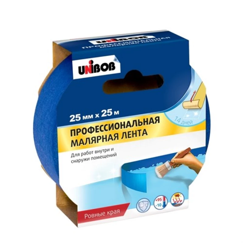 89344СП Клейкая лента проф. малярная д/наруж.раб 25мм х 25м UNIBOB (синяя)  (72)