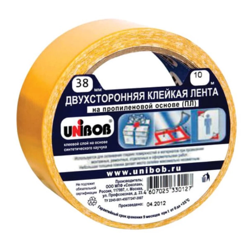 38566СП Клейкая лента двухсторонняя 38мм х 10м UNIBOB поли(48)
