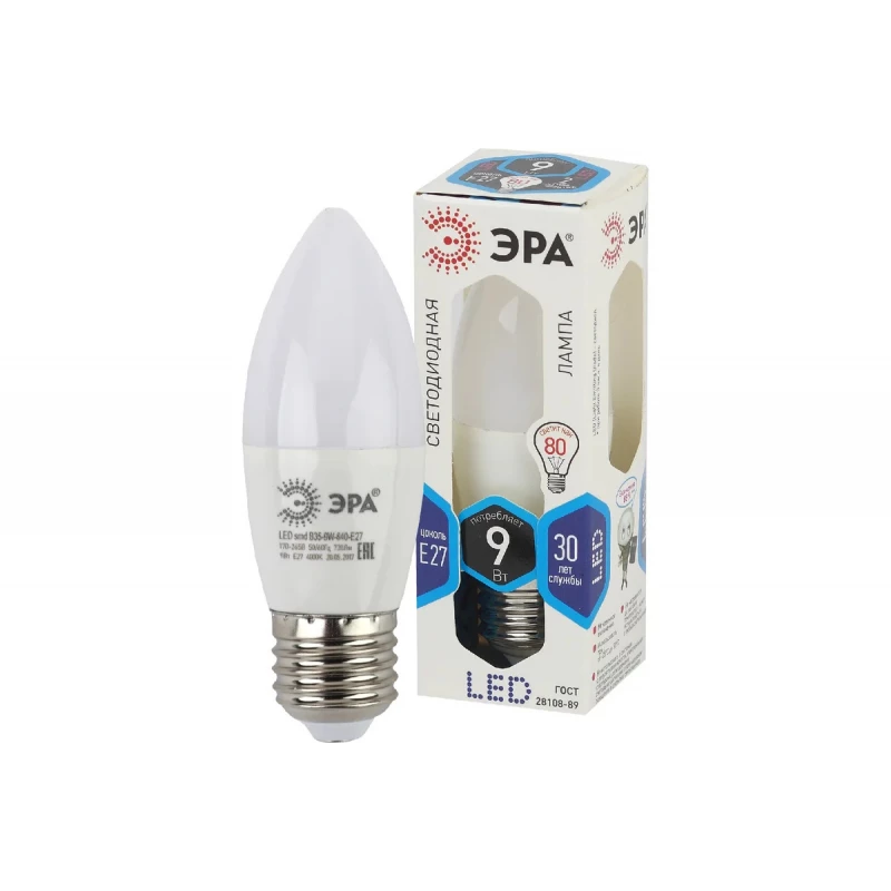 Лампа светодиод ЭРА LED smd B35-9w-840-E27