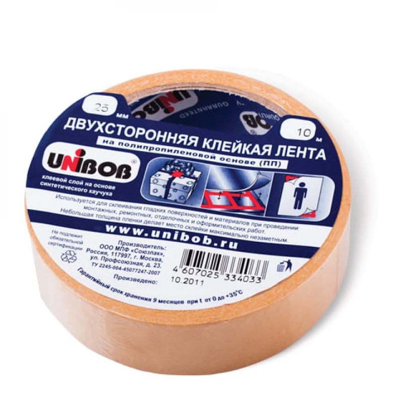 38915СП Клейкая лента двухсторонняя 25мм х 10м UNIBOB поли(72)