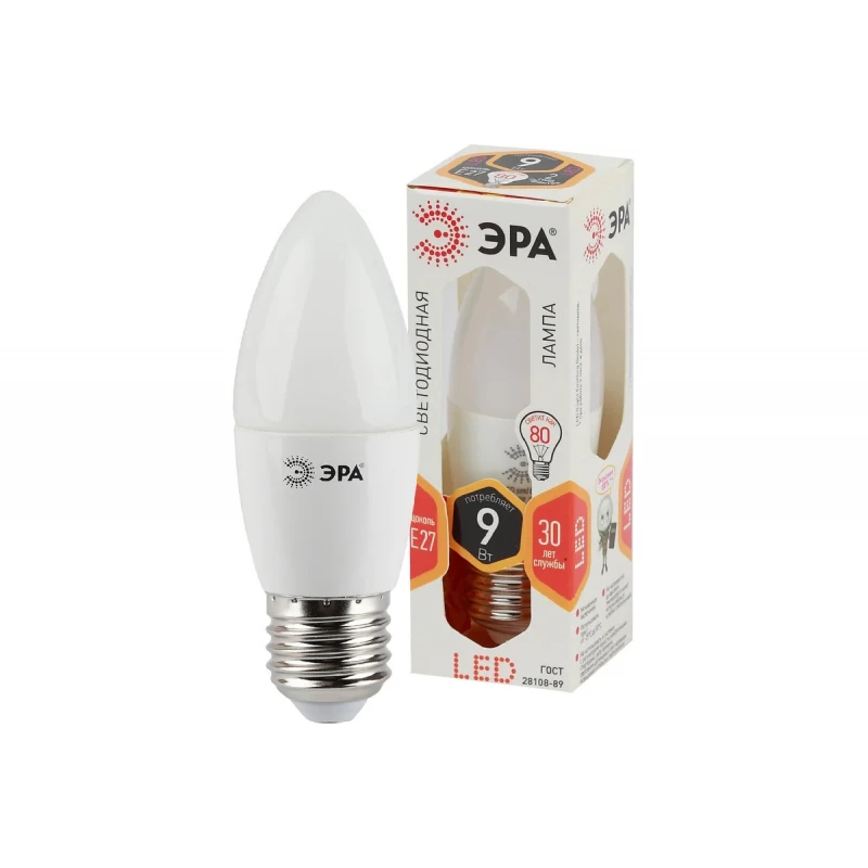Лампа светодиод ЭРА LED smd B35-9w-827-E27 свеча теплый бел свет