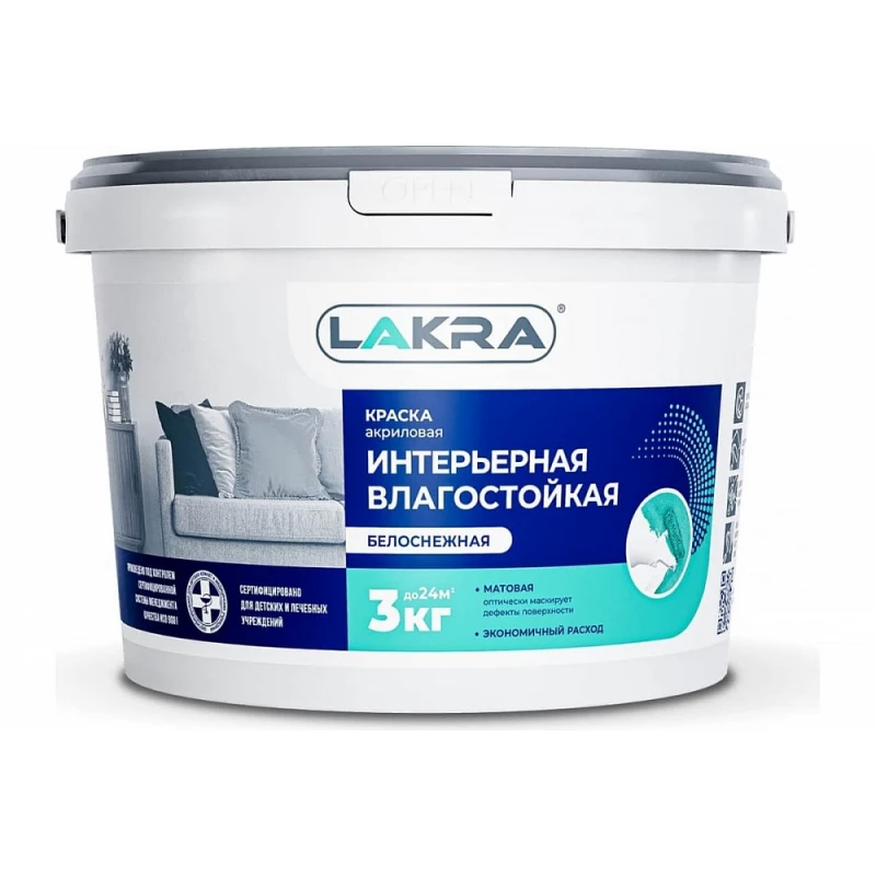 Краска акрил интерьер влагостойк белоснежная 3кг Л-С