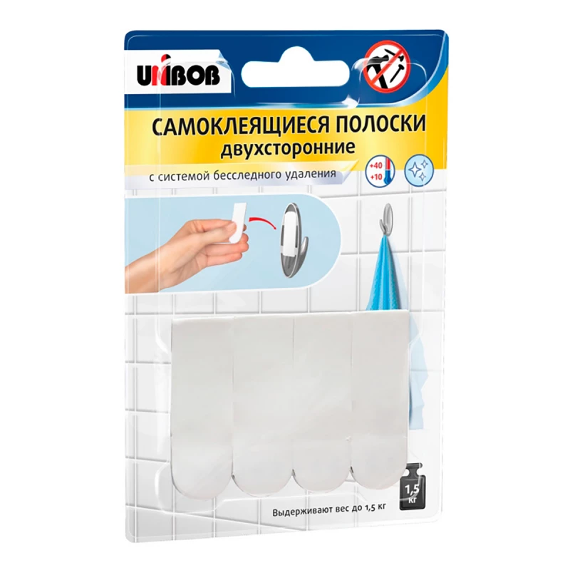49003СП Полоски двухсторонние самоклеящиеся UNIBOB, белый, 4 шт/уп.